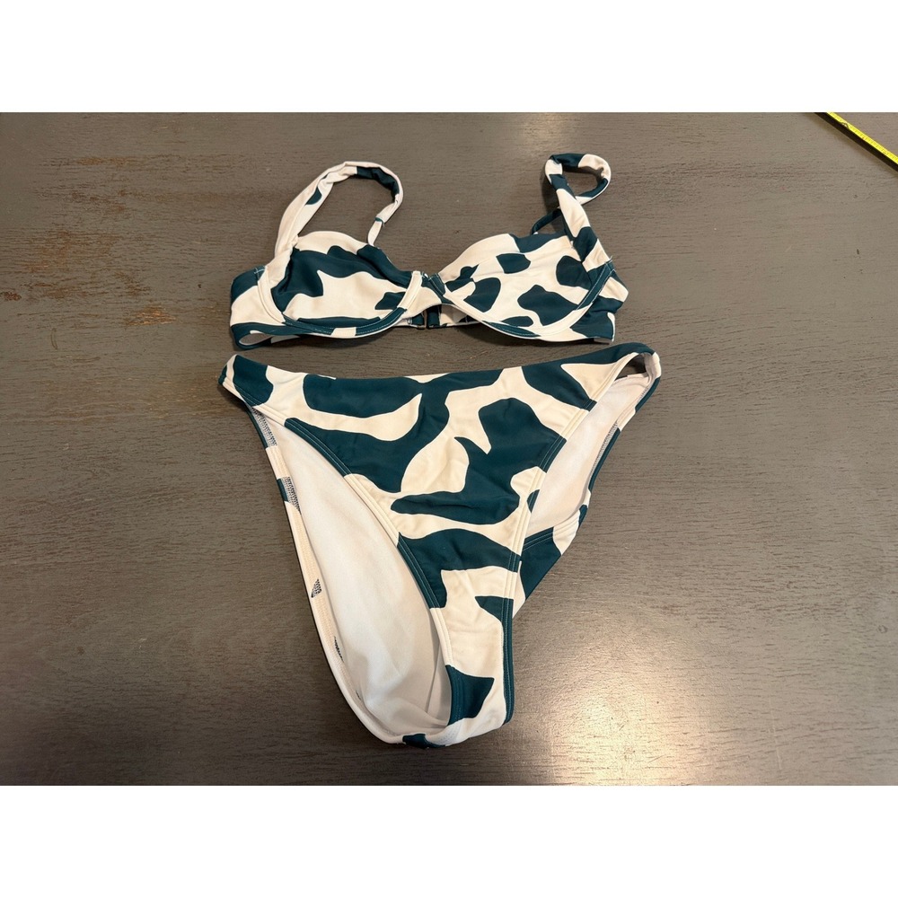 Abercrombie & Fitch Cow Print Bikini Set Teal White Underwire Top High Leg Med